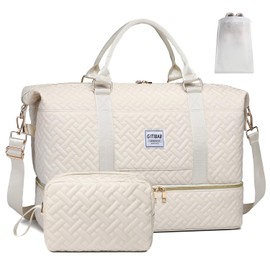 Duffle Bags for women,50L Quilted Travel Weekender Bag with Shoe Compartment, Large Carry On Overnight Tote Gym Bag,Hospital Bags for Labor and Delivery,Beige