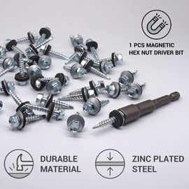 Marcopol DIN 7504-K 4.8 x 28mm Zinc Plated Steel Self Tapping Screws with EPDM Washers Hex Washer Head Self Tapping Screw Pack of 80 Silver