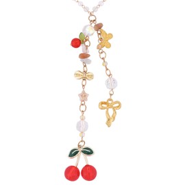 LuneClat Cherry Bow Rear View Mirror Charm - Gold Crystal Bead Car Suncatcher Pendant, CherrIies Hanging Ornament for Car Accessories, Aesthetic Gift for Women New Driver Friends
