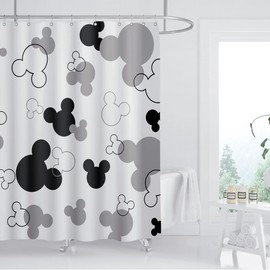 BIYSUC Mouse Head Shower Curtain Black and White Children Cartoons Kids Bath Curtain Cute Animal Grey Bathroom Home Decor Waterproof Polyester Fabric 60Wx72L Inch with 12 Pack Hooks