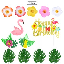 13 piezas de decoración de pastel de flamenco, decoración de pastel de verano con bonitas cifras de flamenco rosa y hojas de palma de hibisco, para suministros de fiesta temática tropical hawaiana y