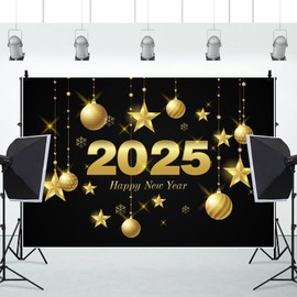 OERJU Happy New Year Backdrop 2025 Black and Gold Snowflake Ball Stars Photography Background Cheers to The New Year Christmas Eve Party Decoration Banner Adult Kids Photo Studio Props 7x5ft