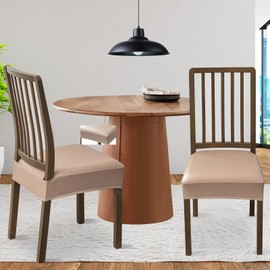 FUANGUI Dining Chair Covers Set of 4, Waterproof PU Leather Stretch Chair Seat Slipcovers Soft Removable Washable Chair Covers, Kitchen Chair Seat Covers Protectors Dining Room, PU-Khaki