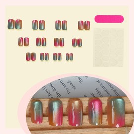 24pcs Cat Eye False Nails - Iridescent Ombre Press on Nails - Medium Stick on nails - Square nail Tips and Glue - Strong Fake Nails with Glue Long Lasting for Women Summer Manicure