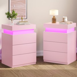 BTHFST LED Nightstands Set of 2,Night Stands for Bedrooms Set of 2,Nightstand with Charging Station and Sliding Top,Bedside Table with Power Outlets & Drawers,Modern End Side Table (Pink)