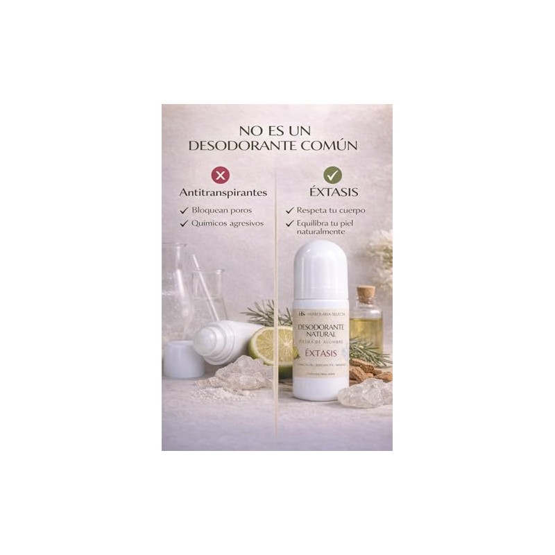 Herbolaria Selecta Desodorante Natural Roll-On Éxtasis, Piedra de Alumbre, Sábila,