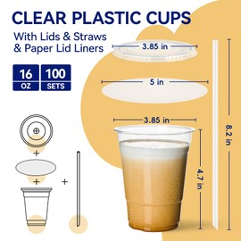 JOLLY CHEF 100 Pack 16 oz Clear Plastic Cups with Lids and Straws, Disposable Iced Coffee Cups with Lids for Smoothies, Milkshakes, Cold Drinks, Includes Paper Lid Liners