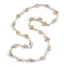 Avalaya Glass and Shell Bead with Silver Tone Metal Wire Element Long Necklace in Cream/Antique White - 120cm L