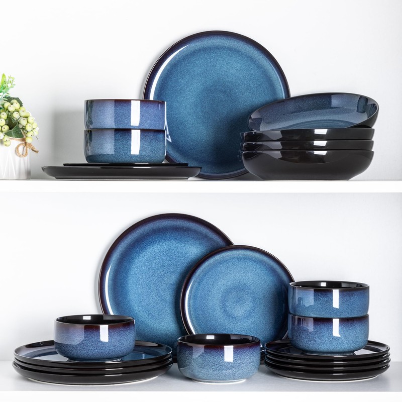 LeRatio Ceramic Dinnerware Sets for 6,Porcelain Plates and Bowls Sets,Handmade