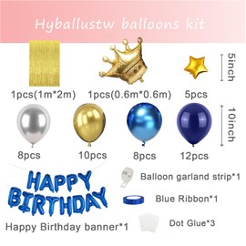 Blue and Gold Happy Birthday Decorations for Men Boys Girls, Hyballustw 58pcs Balloons with Happy Birthday Banner, Metallic Fringe Curtain, Golden Crown for Birthday 18th 21st 30th 40th 50th