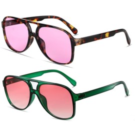 Freckles Mark Vintage Retro 70s Sunglasses for Women Men Classic Large Square Aviator Trendy Glasses (2P: Purple/Tortoise & Green/Pink, 60)