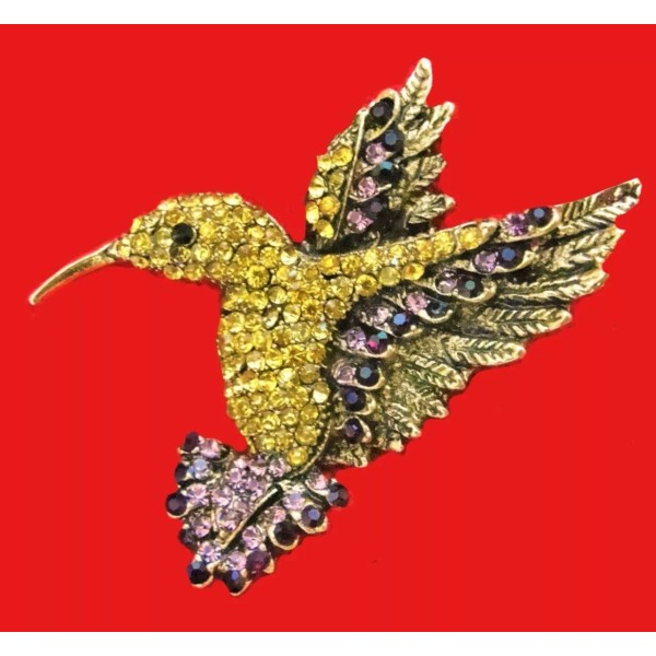Unbranded High Style Hovering HUMMINGBIRD Rhinestone Necklace Pendant BROOCH Golden