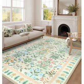 Rugalia Washable Floral 8x10 Area Rugs for Living Room, Soft Non-Slip Beige Large Bedroom Rug Ultra Thin Botanical Dining Room Rug, Modern Boho Floor Carpet for Kids Room Classroom Dorm