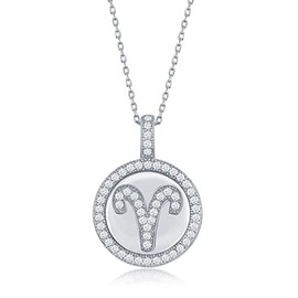iJewelry2 Sterling Silver Micro Pave Aries Astrological Zodiac Sign Disc Pendant Necklace