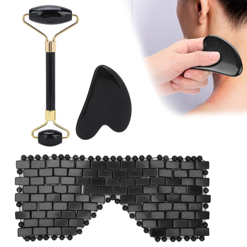 3pcs Obsidian Facial Roller Gua Sha Board Therapy Blindfold Beauty