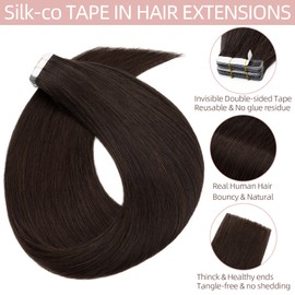 Silk-co Silk-co Tape in Hair Extensions Human Hair Black 100% Remy Hair 40 Pcs, 22inch, 100g/Set #01 Jet Black Skin Weft Hair Extension Hair Pieces Seamless Straight