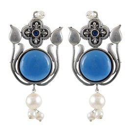 Indian Brass Designer Ethnic Monalisa Stone Traditional Silver Oxidized Boho Small Drop Dangle Jhumka Earrings Jewelry Women, Metal, No Gemstone