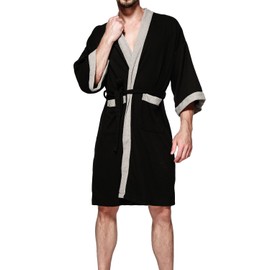 Haseil Men's Turkish Cotton Bathrobe Waffle Kimono Terry Cloth Hotel Spa Robes, Black, Large