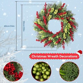 Beinhome Winter Wreath Christmas Wreaths for Front Door Decor, 22-24in Artificial Christmas Door Wreath with Red Green Berries and Green Leaves for Door Home Indoor Outdoor Christmas Decorations