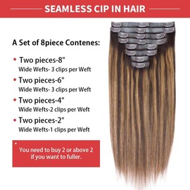 Seamless Clip in Hair Extensions Remy Human Hair Extensions Balayage Dark Brown to Chestnut Brown Clip in Hair Extensions 100% Real Soft Human Hair 8PCS 120g Human Hair Extensions(22inch,#2/6/2)