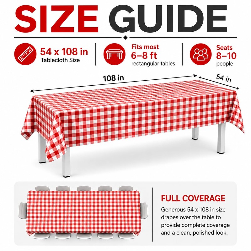 12 Pack Red and White Plastic Checkered Tablecloth, Premium Decorative