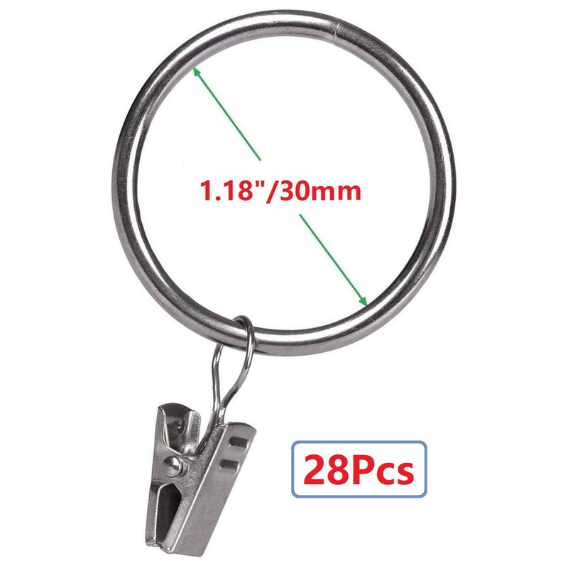 Curtain Rings with Clips - Set of 28,Interior Diameter 1.18",Fits