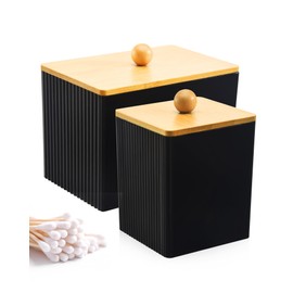 2 Stück Wattepadspender mit Bambusdeckel, Acryl Wattepads Aufbewahrung, Multifunktional Wattestäbchen Behälter Schwarz, Badezimmer Organizer für Wattestäbchen Wattepads Cotton Pads Wattebällchen