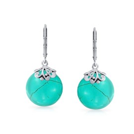 Western Style Filigree Lever Back Gemstones Blue Stabilized Turquoise Flat Round Circle Disc Dangle Drops Earrings For Women .925 Sterling Silver