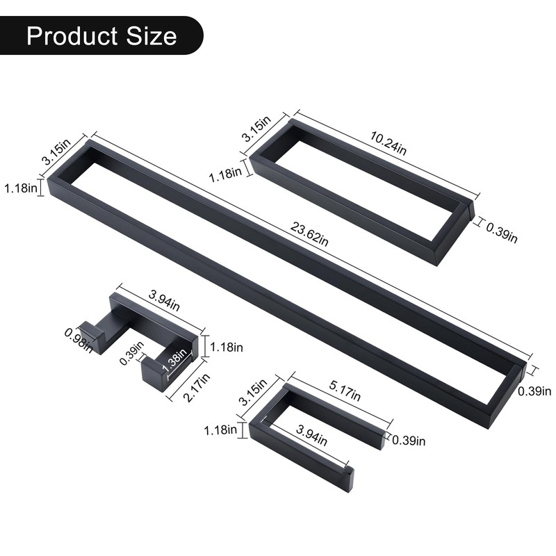 TNOMS Black Towel Bar Set, 4-Pieces Bathroom Hardware Set Modern