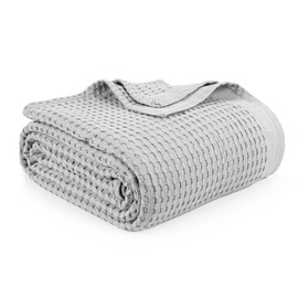 Tex Trend 100% Cotton King Size Bed Blanket - Waffle Weave Fall, Lightweight & Breathable, Light Grey, 108x90 Inches