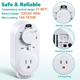 Gulfmew 2 Pack Adjustable Thermostat, Plug in Heating and Cooling Thermostat Controlled Outlet, Compatible with Portable AC, Fans and Space Heaters (White)