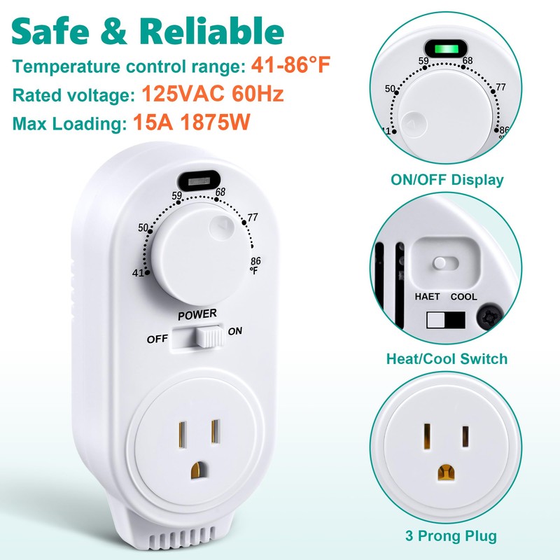 Gulfmew 2 Pack Adjustable Thermostat, Plug in Heating and Cooling