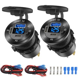 2 Pack 12V USB Outlet 3 Port Car Charger Socket, 78W Dual PD USB C 30W and Quick Charge3.0 Port Aluminum Charger Waterproof with Voltmeter and Button Switch for Boat Marine Motorcycle RV Truck, etc