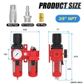 MEANLIN Air Compressor Moisture Filter, AC3010-03M Air Line Filter, 3/8" NPT Inlet with 150 PSI Gauge and Valve Shut Off Switch for Air Tools and Spray Paint Gun, Manual Drain