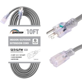 HONDERSON Indoor Outdoor Extension Cord Weatherproof with Lighted End, UL Certified, 12 Gauge 10FT Grey 3 Prong Heavy Duty, 12/3 SJTW 15A Power Cord for Outdoor Lights, Lawn