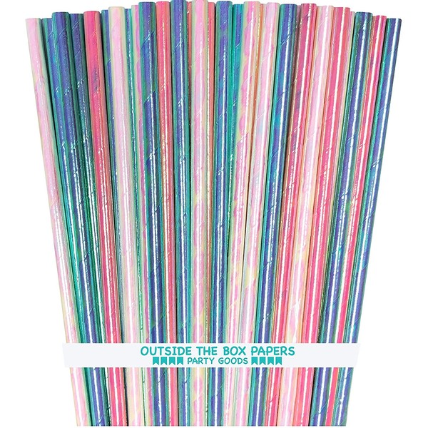 Iridescent Paper Straws - Pink Blue Green White - 7.75 Inches - 75 Pack