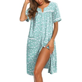 Ekouaer Nightgowns for Women House Dress with Pockets Button Down Sleepshirt Short Sleeve Nightshirt Housecoat Green Floral Medium