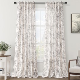 Floral Linen Curtains - 102 Inch Length, Botanical Patterned, Burlap Textured, Rustic Farmhouse, Shabby Chic, Extra Long Drapes for Living Room & Bedroom