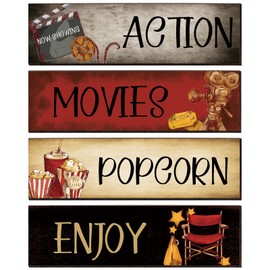 Movie Theater Decor 4 Pieces Wooden Home Theater Decor Vintage Movie Theater Decor for Home Popcorn Enjoy Film Classic Decor Rustic Movie Room Wall Decor Media Room Wall Art (15.7 x 5.1 Inch)