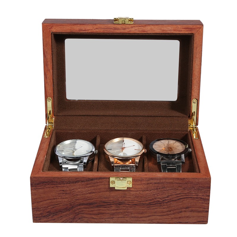 Wooden 3 Grid Watch Display Box Transparent Window Anti‑Slip Watch