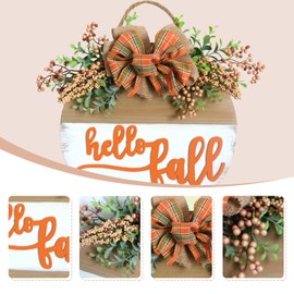 Welcome Sign for Front Door 12" Wood Wreath Farmhouse Door Sign for Front Door Porch Decor with Green Leaves, Berry & Buffalo Bow