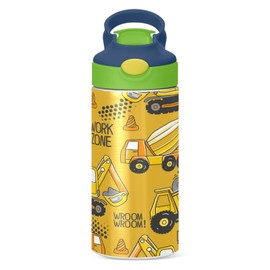 Boccsty Tractor Yellow Truck Kids Water Bottle with Straw Lid Construction Machines Insulated Stainless Steel Reusable Tumbler for Boys Girls Toddlers 12 oz Green