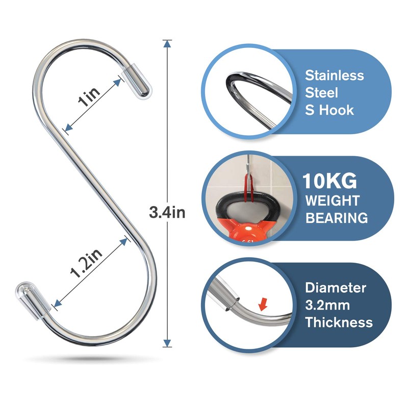 Myfolrena 20 Pack S Hooks for Hanging, 3.4 Inch Metal
