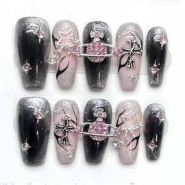 Nail Tip, Handmade, Press On Nails, Black, Cute Pink, School Entrance Ceremony, Graduation Ceremony, Korea, Coming-of-age Ceremony, Wedding, Sculpted, Rhinestone, Cat Eye, 10 Pieces, Fashionable