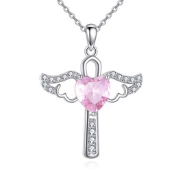 SHEAISRS Angel Birthstone Necklaces Heart Cross Necklace for Women 925 Sterling Silver Angel Wing Birthstone Cross Charm Pendant Necklace Jewelry for Women