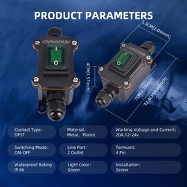 Waterproof Inline Cord Switch, CNAODUN 12V DC 20A On Off Toggle Switch with Green Light Rocker Button DPST Double Outlet Outdoor IP66