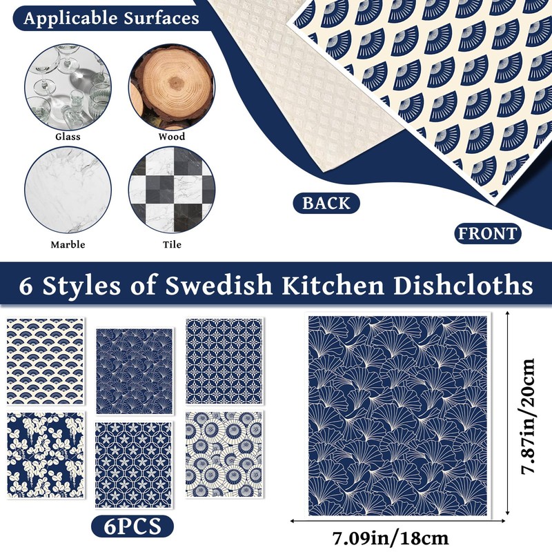VISSTREE Swedish Dishcloths for Kitchen, Blue Japanese Pattern Dish Cloths