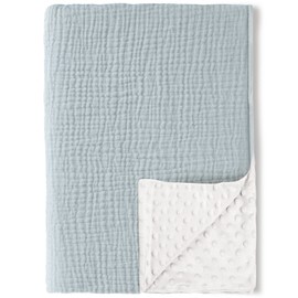 Konssy Baby Blankets for Unisex Boys Girls, Super Soft Nursery Minky Blankets with Muslin Cotton Front and Dotted Fleece Backing, Printed Bed Throws Newborn(Blue)
