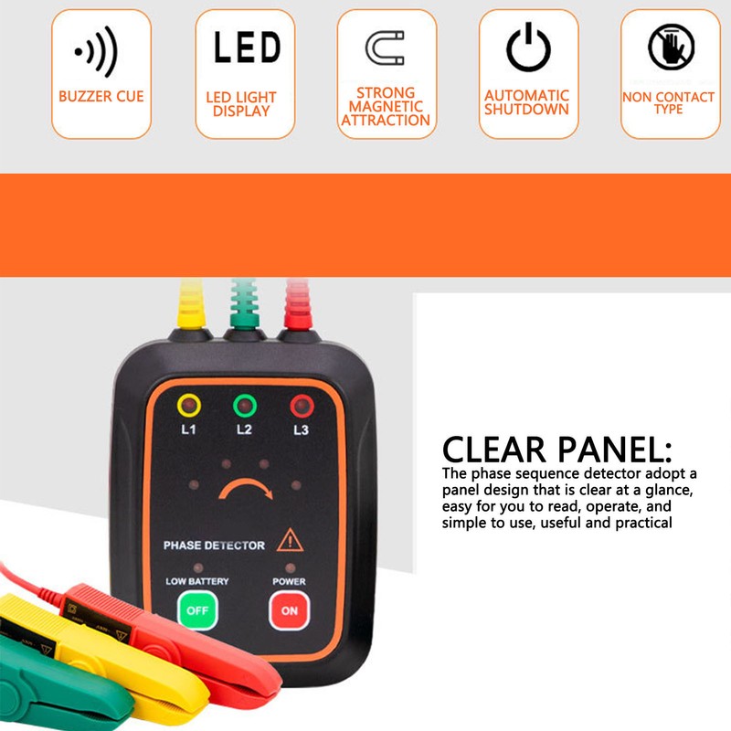 Phase Sequence Detector Non Contact Tester 3PH AC Meter Monitor