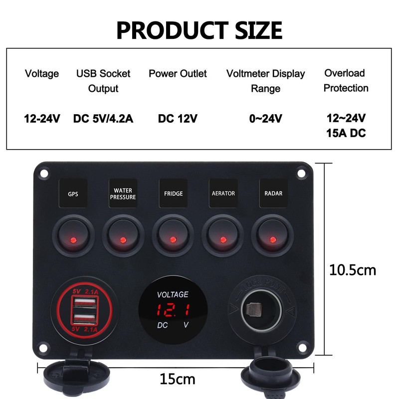 5 Gang Marine Toggle Switches Waterproof Rocker Switch Panel for